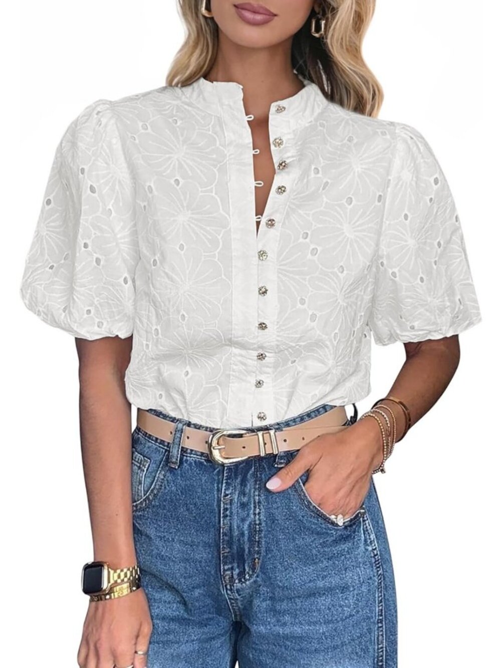 Boho Summer Tops for Women | Short Sleeve V-Neck Lace Embroidered Blouse